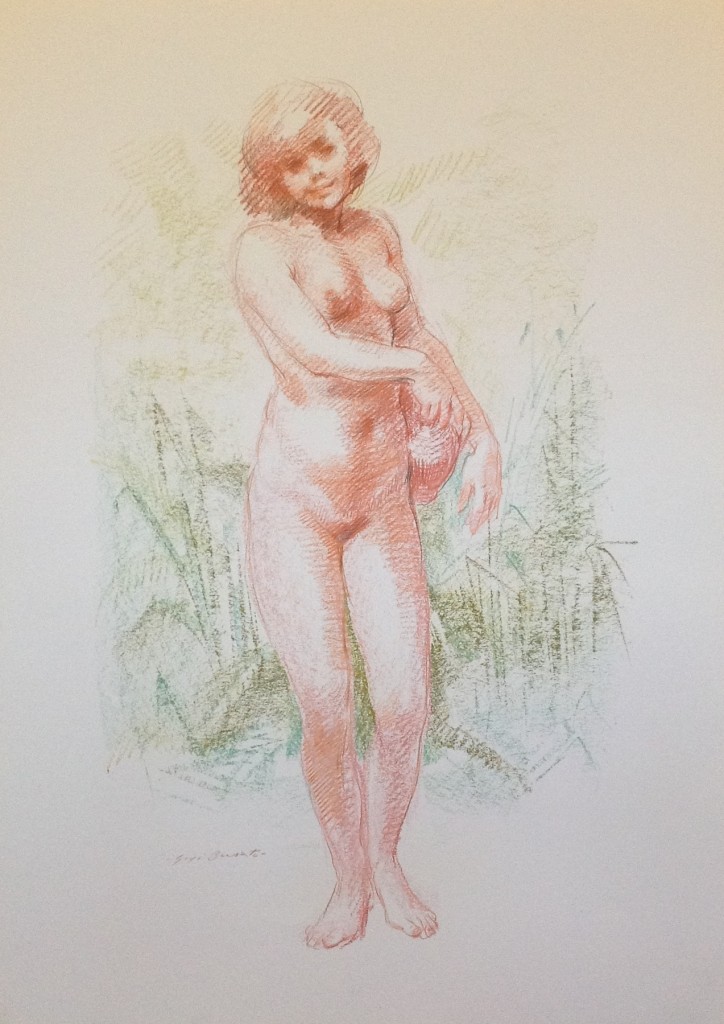 Anfora  giovane donna nuda di Gigi Busato disegno a pastello  su carta colorato collezione di famiglia