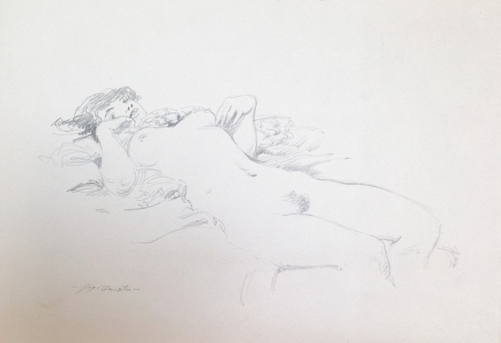 Desiderio, donna distesa  nuda di Gigi Busato. Disegno a matita su carta bianco e nero , collezione di famiglia