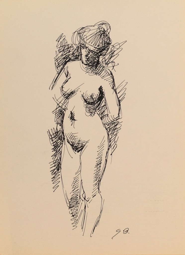 Dietro la schiena disegno di donna nuda che porta le mani dietro la schiena, di Gigi Busato. Disegno a penna su carta bianco e nero. Collezione di famiglia