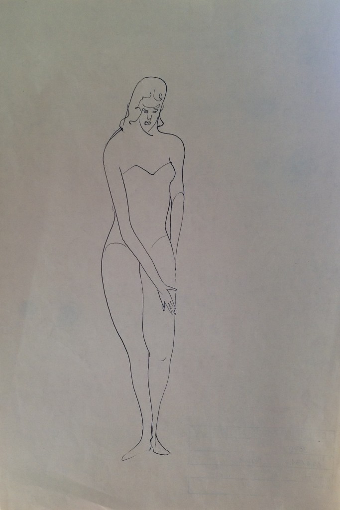 Donna in costume di Gigi Busato disegno  a penna su carta bianco e nero  collezione di famiglia