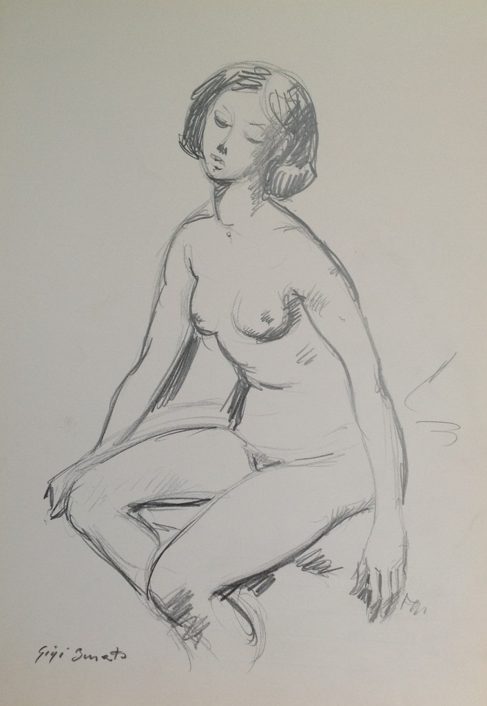 Donna in posa ritratto di donna nudo di Gigi  Busato, disegno a matita su carta bianco e nero , collezione di famiglia