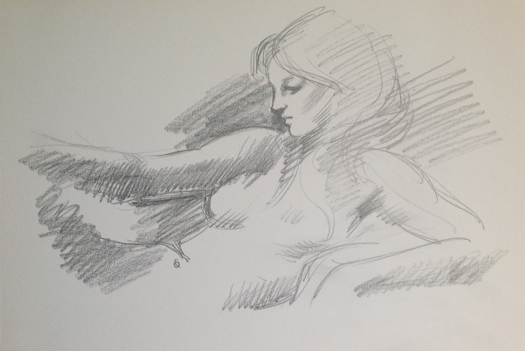 Donna in posa, nudo di donna distesa di Gigi Busato. Disegno a matita su carta bianco e nero.Collezione di famiglia