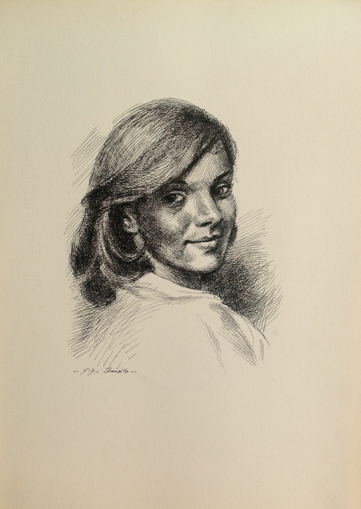 Emanuela ritratto di donna, profilo di giovane donna di Gigi Busato. Disegno a  penna su carta bianco e nero, collezione di famiglia