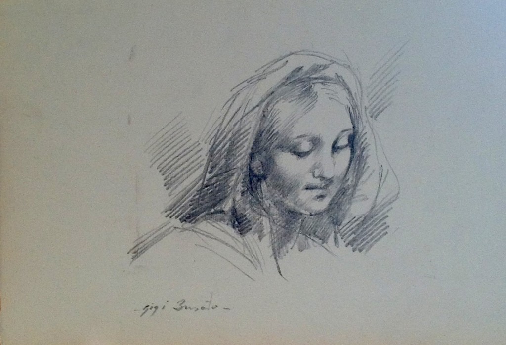 Madonna disegno della vergine di Gigi Busato, disegno a matita su carta bianco e nero, collezione di famiglia