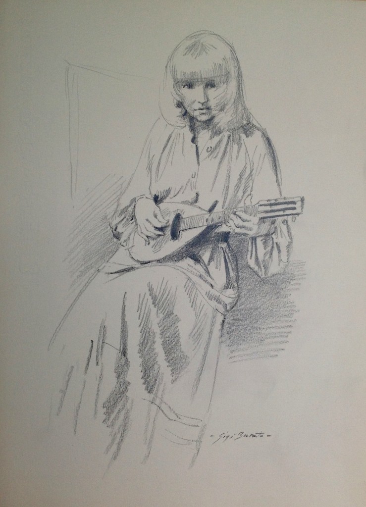 Mandolino disegno di una donna seduta che suona un mandolino, di Gigi Busato. Disegno a matita su carta bianco e nero, collezione di famiglia