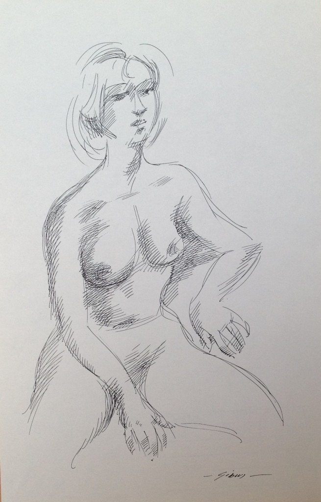 Nudo di donna di Gigi Busato disegno penna bianco e nero su carta collezione di famiglia