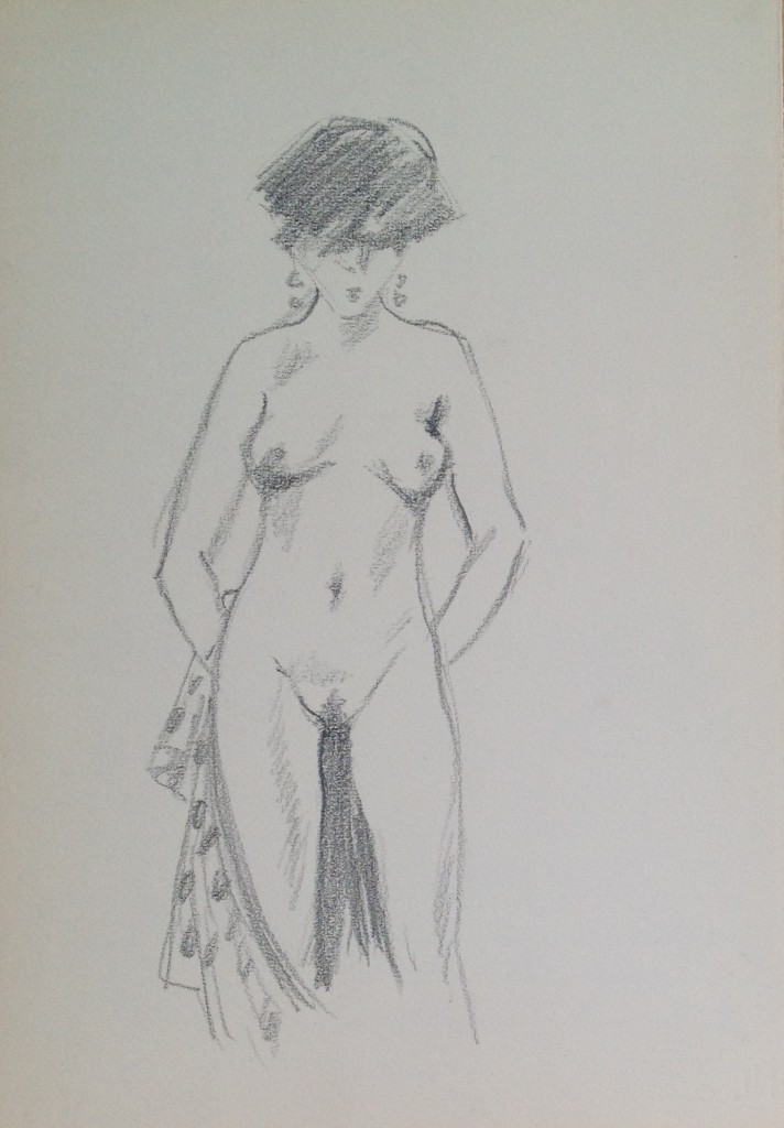 Nudo di donna, disegno di donna nuda in posa di Gigi Busato, disegno a matita su carta bianco e nero, collezione di famiglia