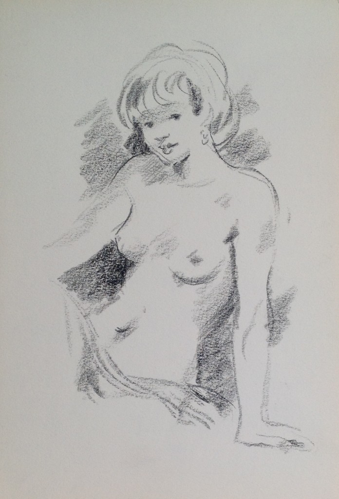 Nudo di donna, giovane donna seduta che posa nuda di Gigi Busato, Disegno a matita su carta in bianco e nero, collezione di famiglia