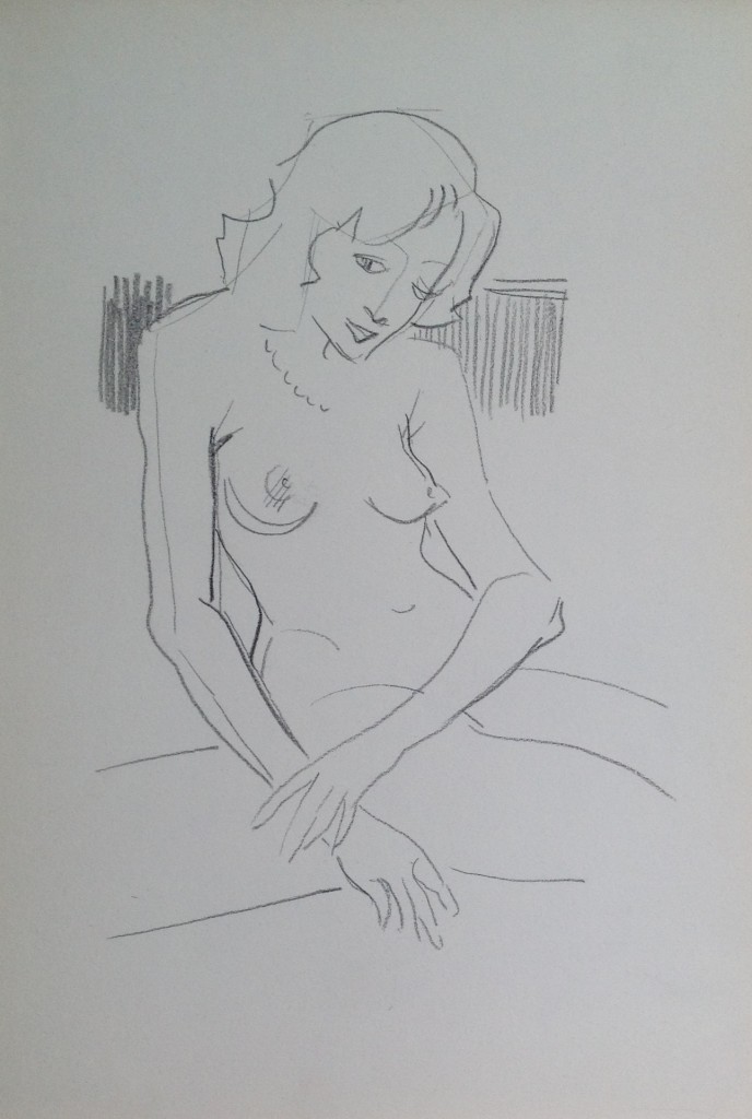 Nudo di donna, donna che posa nuda di Gigi Busato, disegno a matita su carta bianco e nero, collezione di famiglia