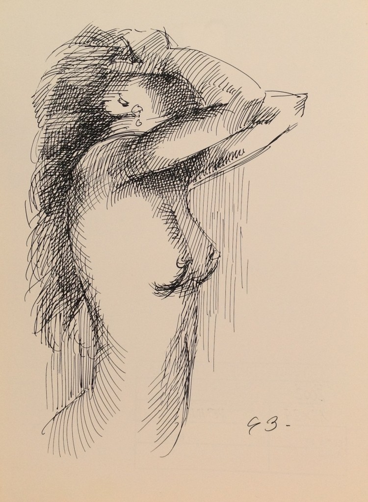 Posa è un profilo di donna nuda con le mani tra i capelli di Gigi Busato. Disegno a penna su carta bianco e nero.Collezione di famiglia