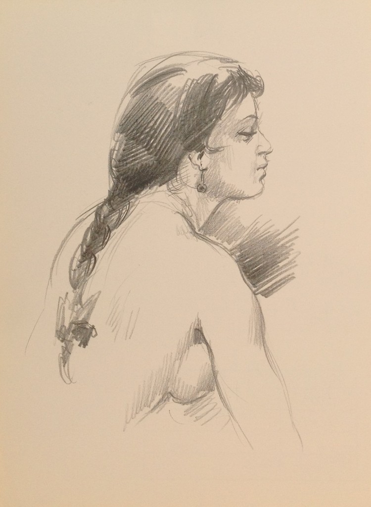 Quella sua treccia, donna nuda con la treccia di profilo di Gigi Busato. Disegno a matita su carta bianco e nero. Collezione di famiglia