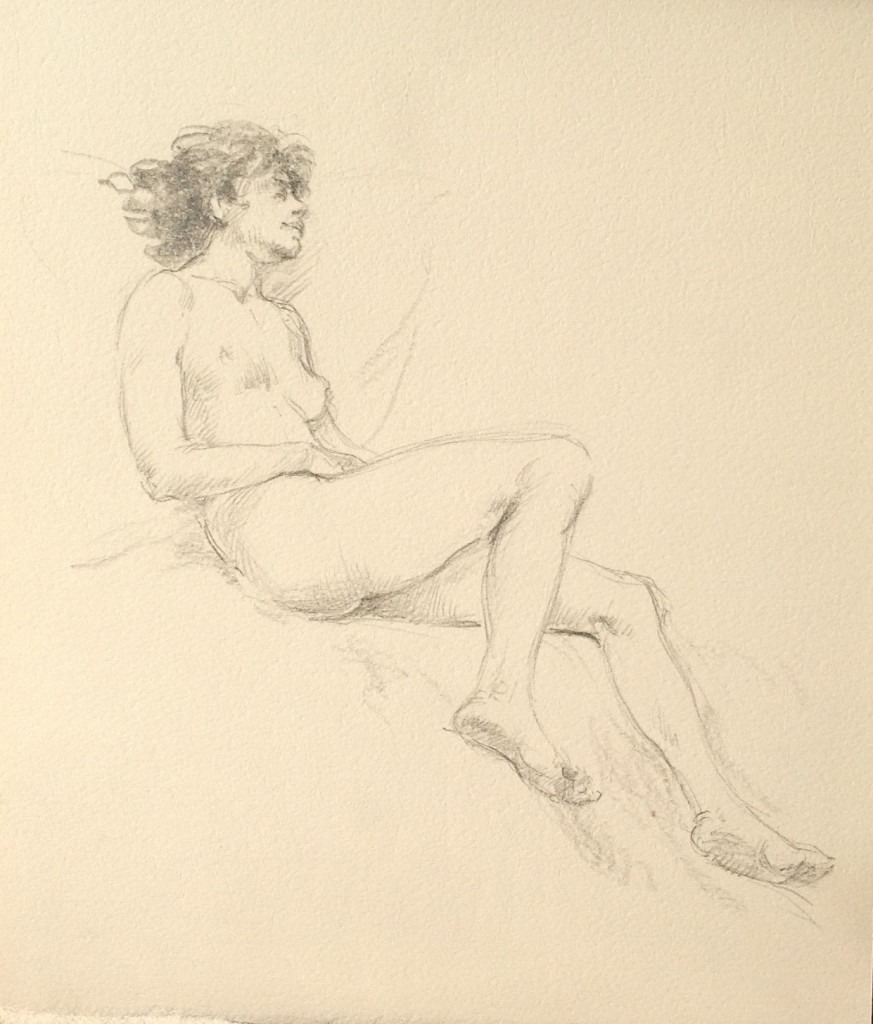 Riposo, disegno di una donna nuda distesa  di Gigi Busato. Disegno a matita su carta bianco e nero. Collezione di famiglia