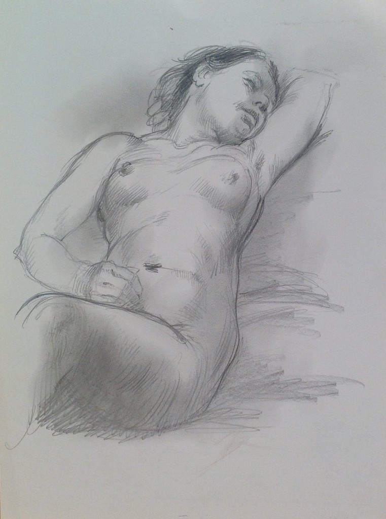 Sonnecchiare, disegno di donna nuda distesa addormentata di Gigi Busato. Disegno a matita su carta bianco e nero . Collezione di famiglia