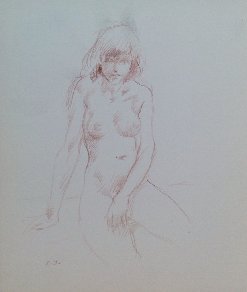 Tocco delicato, disegno di una donna nuda che sfiora delicatamente la propria gamba, di Gigi Busato. Disegno a matita/sanguigna su carta. Collezione di famiglia