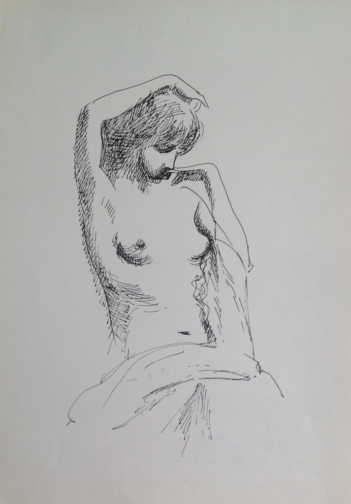 Donna in posa ritratto di donna nuda senza veli di Gigi Busato. Disegno a penna su carta bianco e nero, collezione di famiglia