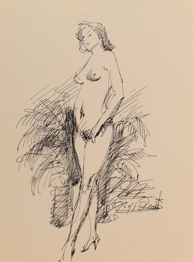 Lei e le foglie, disegno di donna nuda tra le foglie di una pianta di Gigi Busato, disegno a penna su carta bianco e nero. Collezione di famiglia