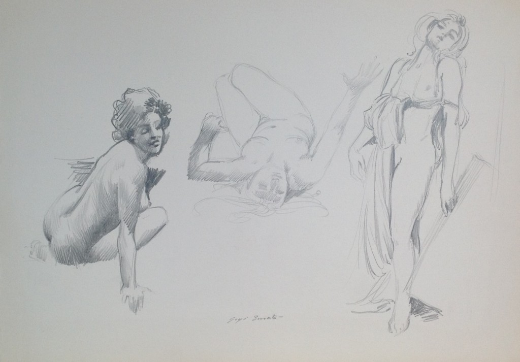 Seduzione disegno di donna in varie pose seduttive e sensuali di Gigi Busato. Disegno a matita su carta bianco e nero. Collezione di famiglia