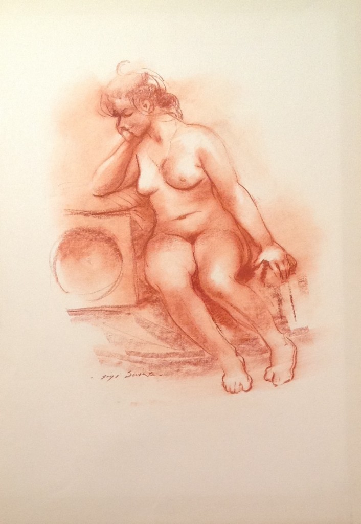 Attonita, donna seduta in posa nuda di Gigi Busato, disegno a sanguigna su carta, collezione di famiglia.