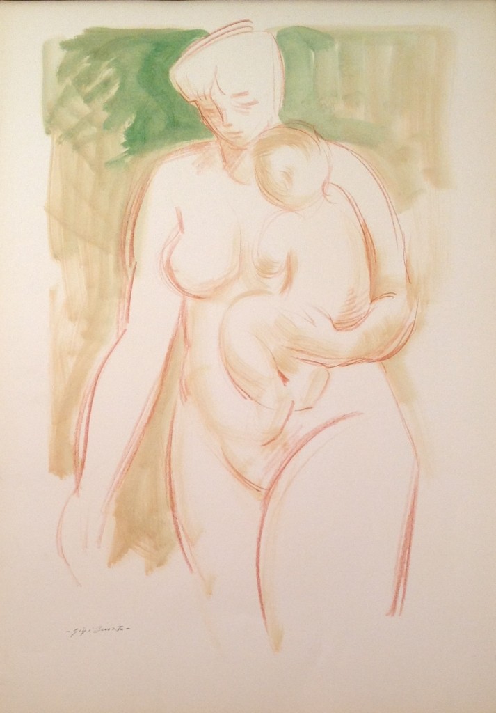 Mamma con il bambino disegno  di donna nuda che solleva sul braccio il proprio bambino di Gigi Busato. Disegno a tecnica mista su carta colorato, collezione di famiglia