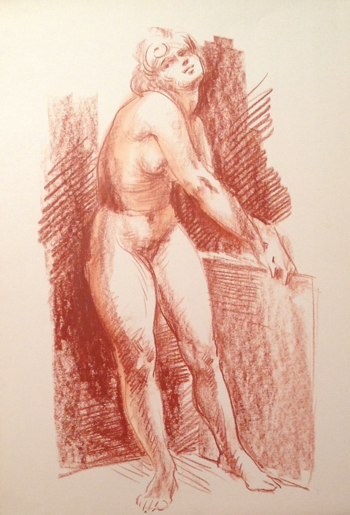 Nudo di donna, giovane donna nuda che posa per Gigi Busato. Disegno sanguigna su carta, collezione di famiglia