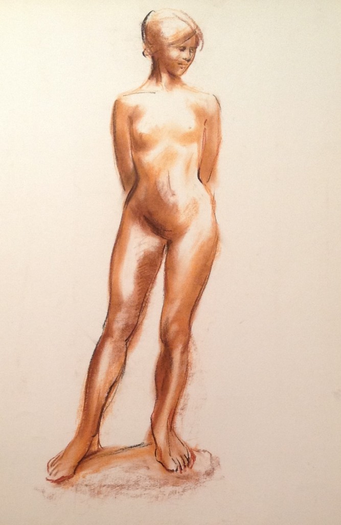 Posa di donna, donna nuda in posa di Gigi Busato. Disegno a pastello su carta, collezione di famiglia