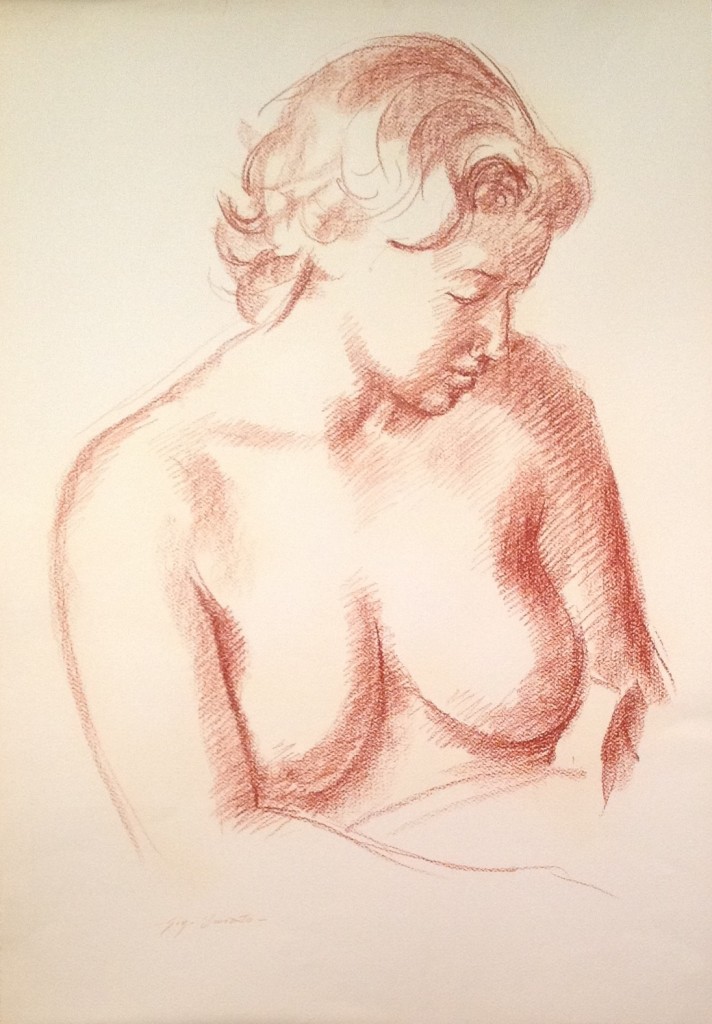 Sussurrando, donna nuda in posa, di Gigi Busato. Disegno sanguigna su carta, collezione di famiglia