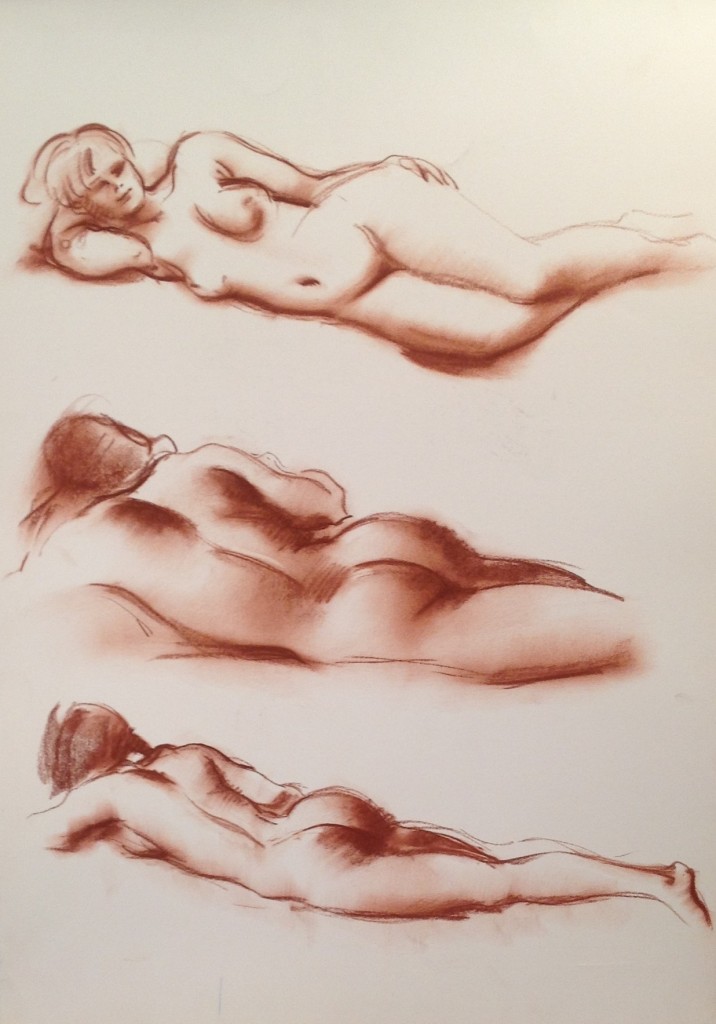 Gioco di specchi, donna nuda distesa riflessa di spalle in posa, di Gigi Busato. Disegno sanguigna su carta, collezione di famiglia