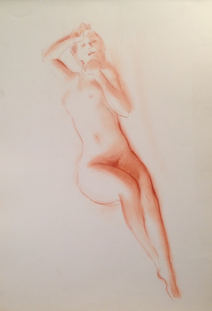 Svenevolmente, disegno di donna nuda che posa per Gigi Busato. Disegno sanguigna su carta a colori, collezione di famiglia