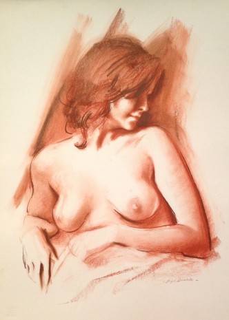 Pudica, donna nuda distesa in posa di Gigi Busato. Disegno sanguigna su carta, collezione di famiglia.