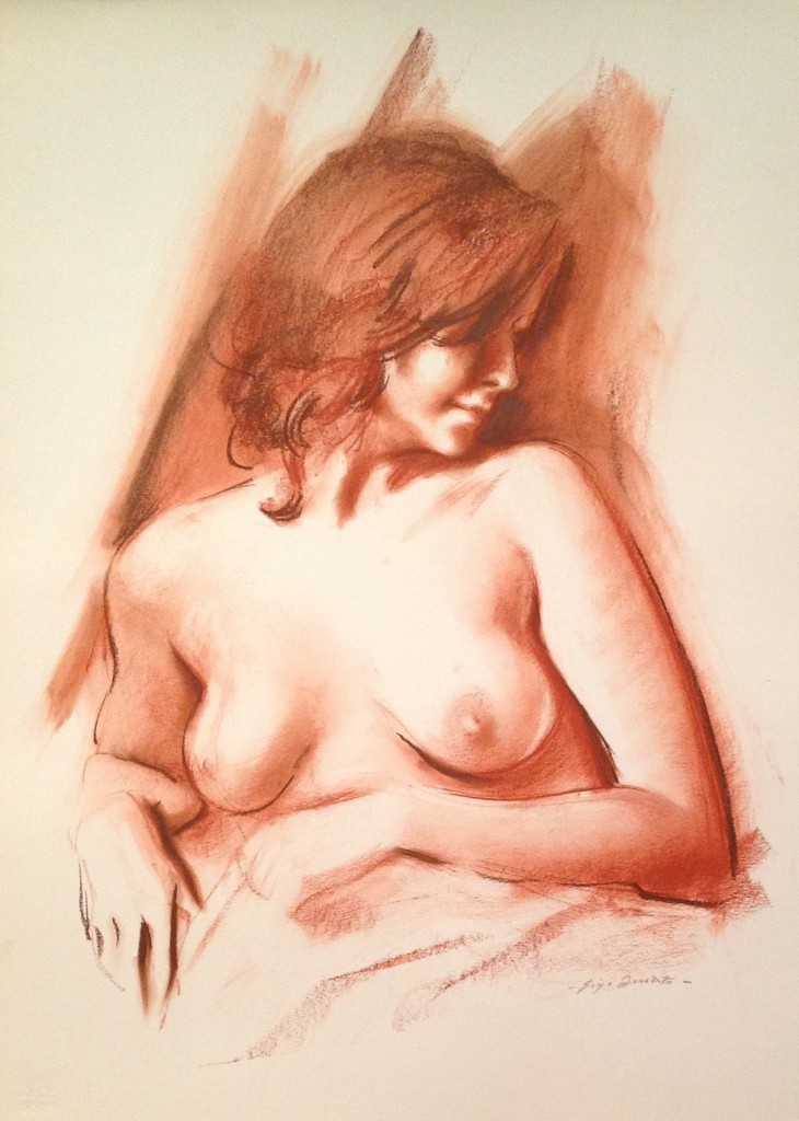 Pudica, donna nuda distesa in posa di Gigi Busato. Disegno sanguigna su carta, collezione di famiglia.