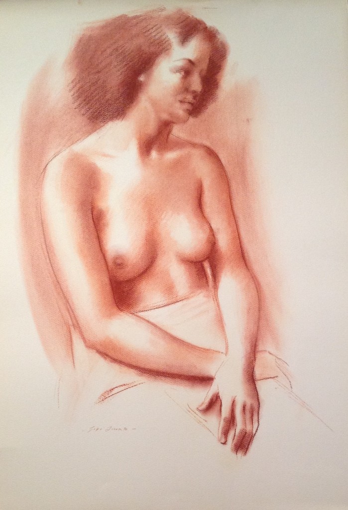 Ludovica  donna nuda seduta in posa di Gigi Busato. Disegno sanguigna su carta, collezione di famiglia