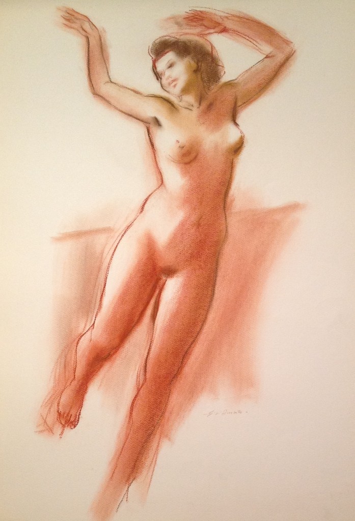 Danzante donna nuda che su muove armonicamente; di Gigi Busato. Disegno a pastello su carta a colori. Collezione di famiglia