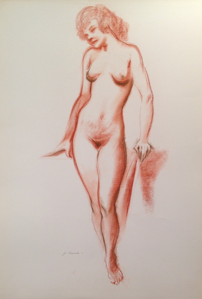 Indugio, donna nuda in posa. Di Gigi Busato disegno sanguigna su carta, collezione di famiglia.