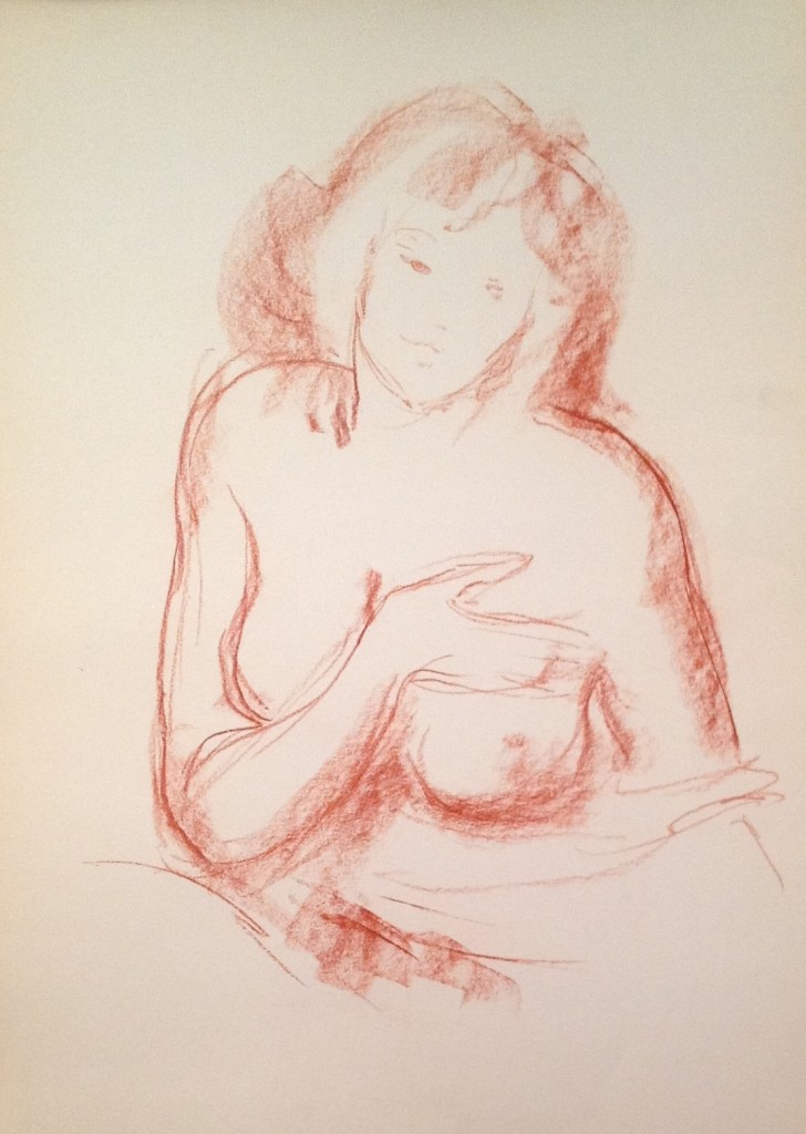 Mostrare donna nuda in posa, di Gigi Busato. Disegno a sanguigna su carta collezione di famiglia