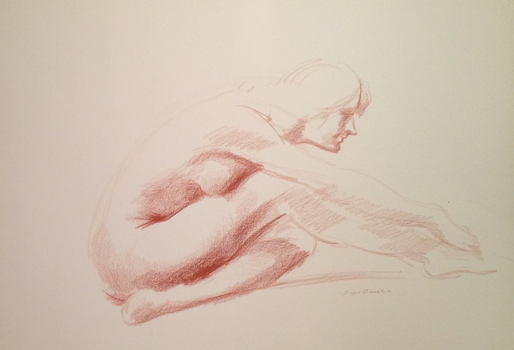 Preparazione, donna nuda in posa di danza di Gigi Busato. Disegno sanguigna su carta, collezione di famiglia.