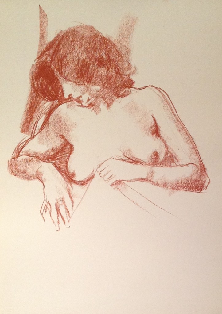 Pudica, donna semidistesa, nuda, coperta da un velo di Gigi Busato. Disegno sanguigna su carta, collezione di famiglia