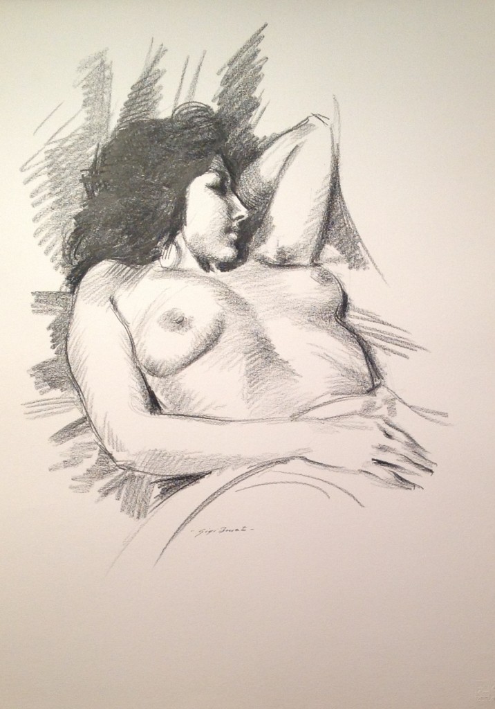 Oziare, donna distesa nuda in un letto. Di Gigi Busato disegno a matita su carta in bianco e nero, collezione di famiglia 