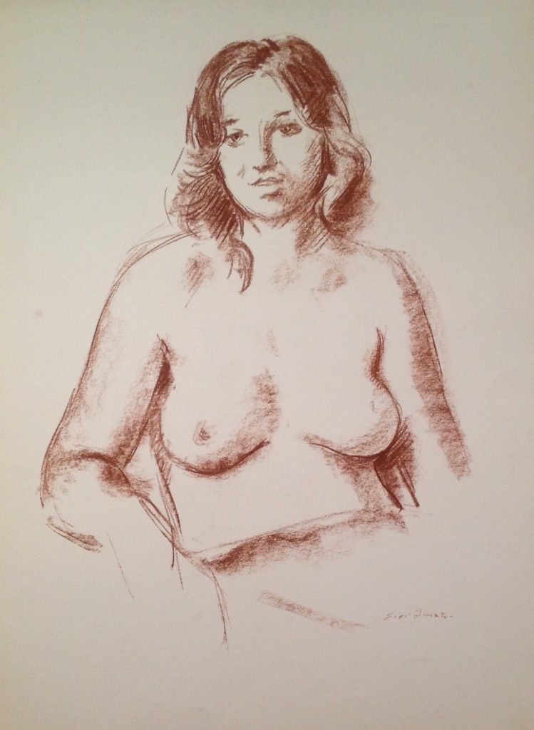 Ritratto di donna, donna nuda seduta in posa, di Gigi Busato. Disegno sanguigna su carta , collezione di famiglia