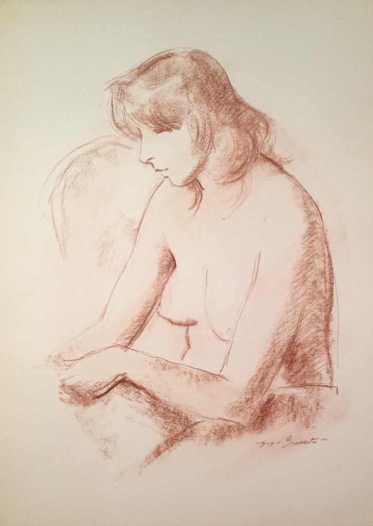 Ritratto di donna, gentile profilo di donna, di Gigi Busato. Disegno sanguigna su carta, collezione di famiglia