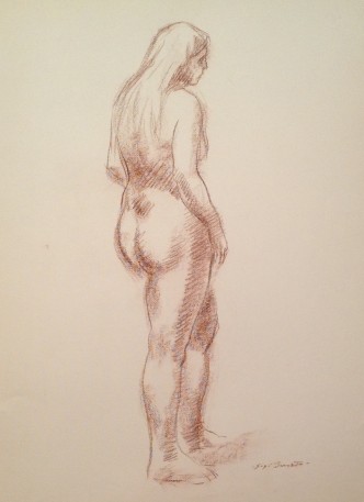 Donna in posa, disegno di donna nuda di spalle; di Gigi Busato. Disegno seppia su carta collezione di famiglia