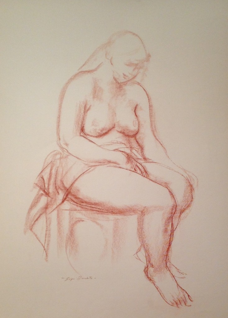 Lei è i suoi pensieri, disegno di donna nuda che seduta posa assorta nei suoi pensieri, di Gigi Busato. Disegno sanguigna su carta. Collezione di famiglia