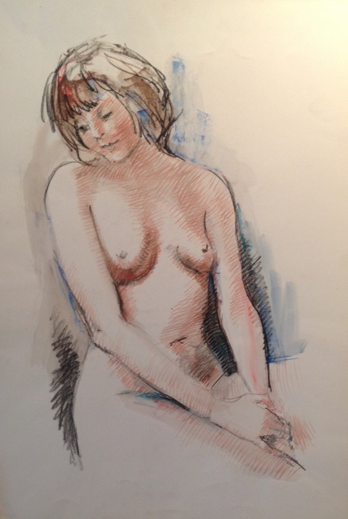 A mani giunte, donna  nuda in posa seduta di Gigi Busato, disegno  a tecnica mista su carta a colori. Collezione di famiglia.