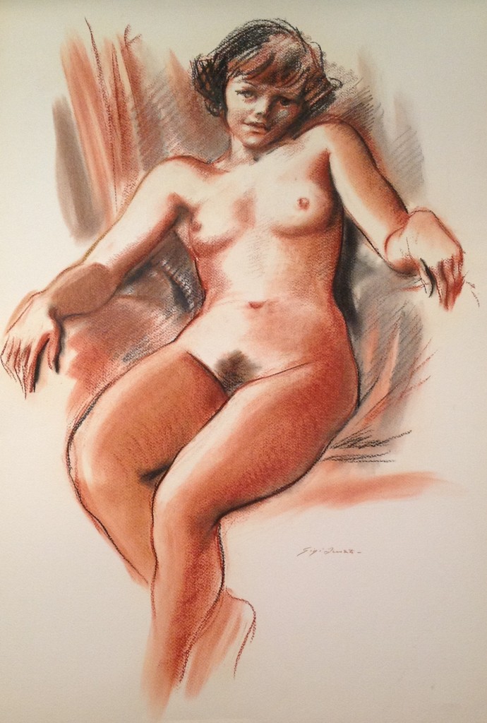 Provocazione, donna nuda seduta in posa provocante di Gigi Busato. Disegno pastello su carta colorato, collezione di famiglia.