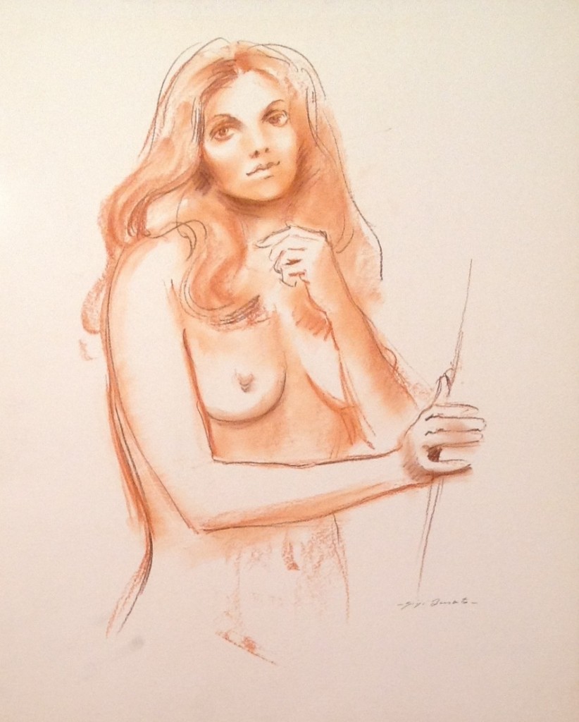 Innocenza disegno di  donna nuda in posa per Gigi Busato. Disegno sanguigna su carta , collezione di famiglia