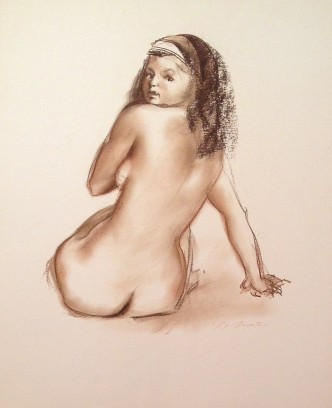 Sorpresa, disegno di donna nuda che posa di spalle per Gigi Busato. Disegno seppia su carta, collezione di famiglia