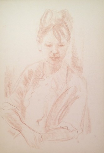 La dottoressa di Gigi Busato. Donna seduta in posa, disegno pastello su carta a colori. Collezione di famiglia