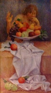 Tentazione, di Gigi Busato. Uomo tentato da un cesto di frutta fresca. Pittura olio su tela, collezione di famiglia