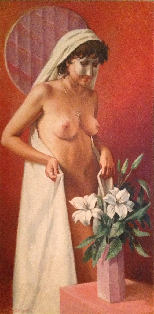 Nudo di donna di Gigi Busato. Pittura olio su tela donna nuda in posa davanti a dei fiori, collezione di famiglia