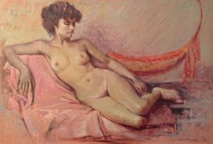 Nudo di donna, di Gigi Busato. Donna nuda distesa su un telo rosa. Pittura olio su tavola, collezione di famiglia