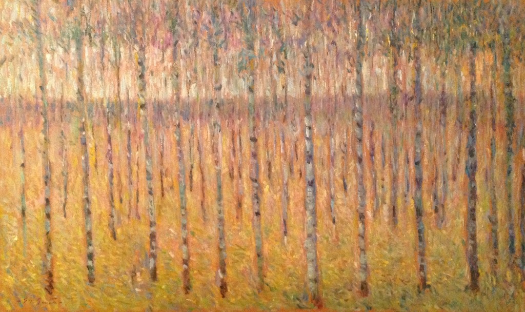 L'incanto dei ricordi, di Gigi Busato pittura olio su tela tronchi di alberi e riflessi di piante. Collezione di famiglia